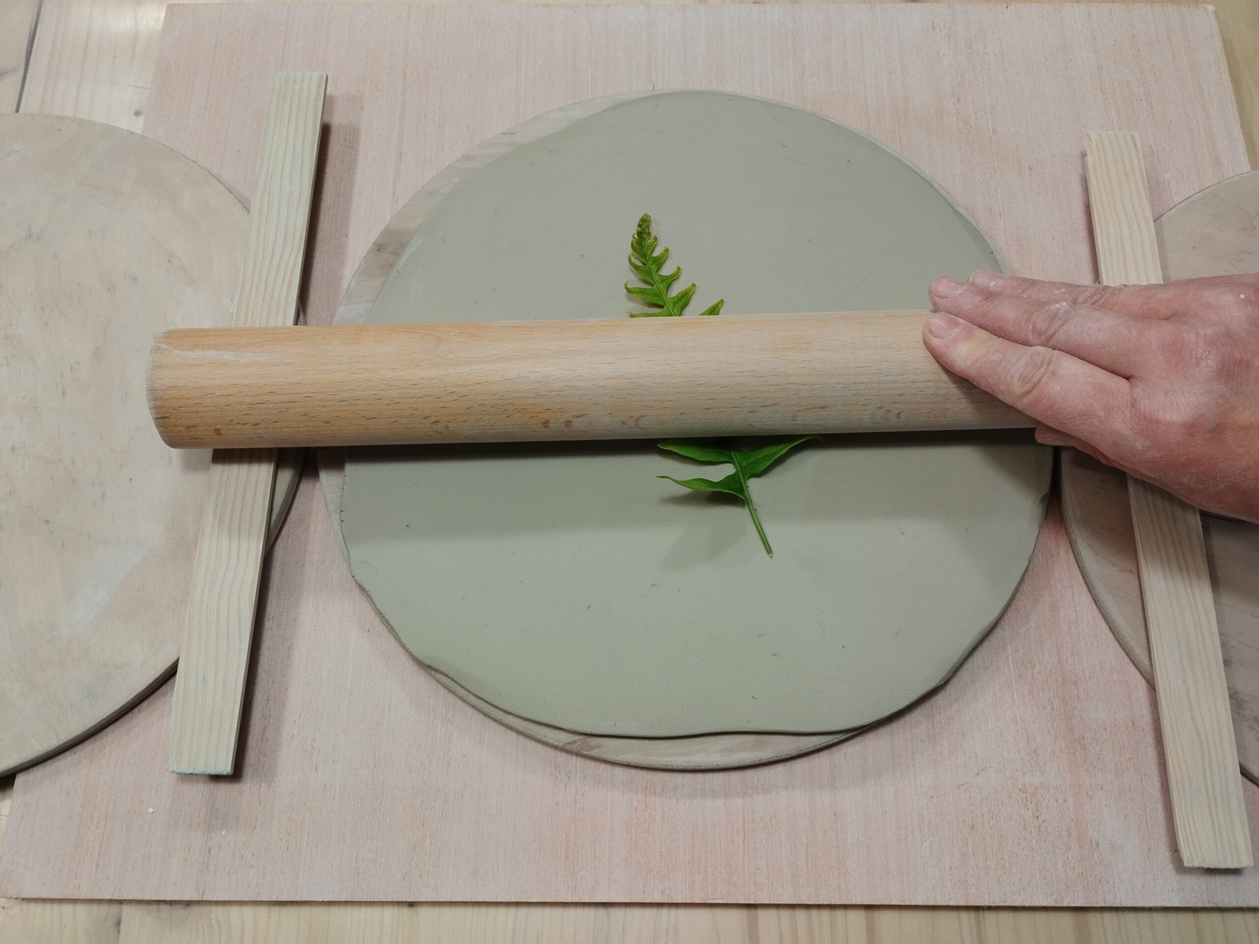 Estampage d'une feuille de fougère dans l'argile fraiche